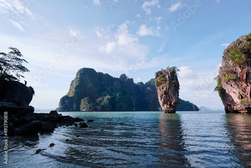 Travel by Thailand. Amazing scenery natural landscape of James Bond island Phang-Nga bay, Water tours of Phuket, Famous landmark and famous travel destination of Asia, Summer holiday vacation trip.