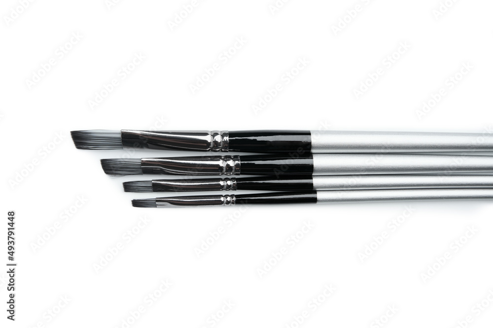 Different brushes with paints on white background. View of various professional paint brushes isolated on white. Set of brushes for painting in a case Different brushes with paints on white background. View of various professional paint brushes isolated on white. Set of brushes for painting in a case