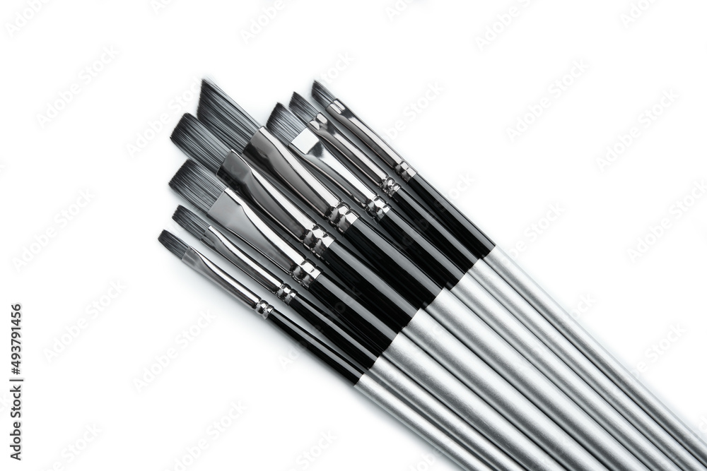 Different brushes with paints on white background. View of various professional paint brushes isolated on white. Set of brushes for painting in a case Different brushes with paints on white background. View of various professional paint brushes isolated on white. Set of brushes for painting in a case
