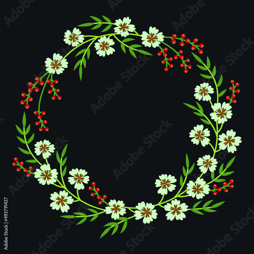 Wallpaper Mural Flower wreath with White flowers and green leaves on a Black background. Design for congratulations, invitations, party, banquet, birthday, booklet, print. Vector isolated illustration Torontodigital.ca