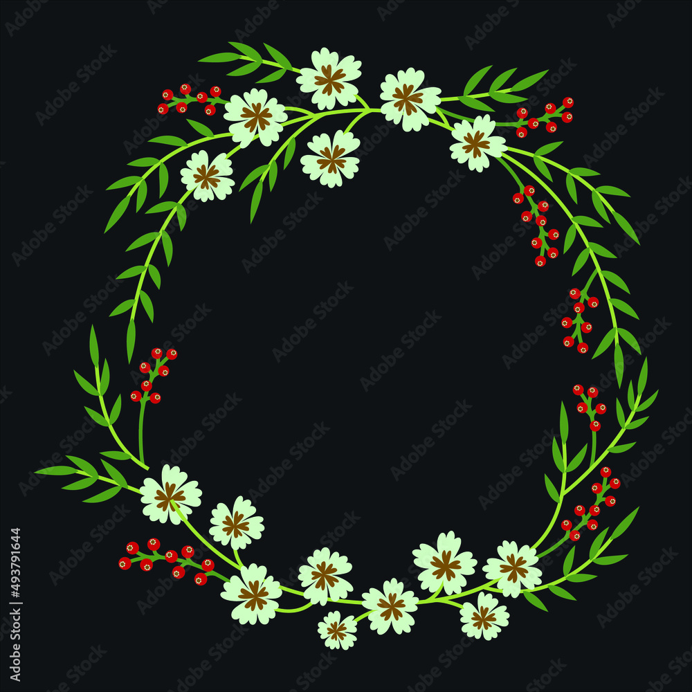 Flower wreath with White flowers and green leaves on a Black background. Design for congratulations, invitations, party, banquet, birthday, booklet, print. Vector isolated illustration