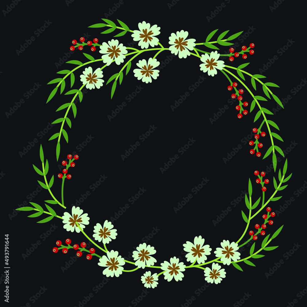Obraz premium Flower wreath with White flowers and green leaves on a Black background. Design for congratulations, invitations, party, banquet, birthday, booklet, print. Vector isolated illustration