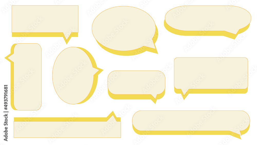 set of blank yellow speech bubble, conversation box, chat box, speak balloon, thinking balloon, border frame on white background set of blank yellow speech bubble, conversation box, chat box, speak balloon, thinking balloon, border frame on white background