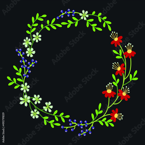 frame of flowers. flower wreath. beautiful red and green leaves 