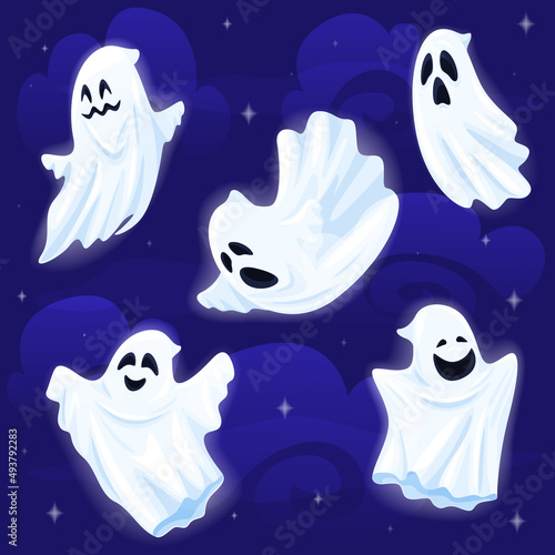 Set flying illuminated ghosts different face emotion expression night sky vector flat illustration