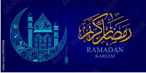 Ramadan Kareem Banner Background Design Illustration with doodle and islamic ornament