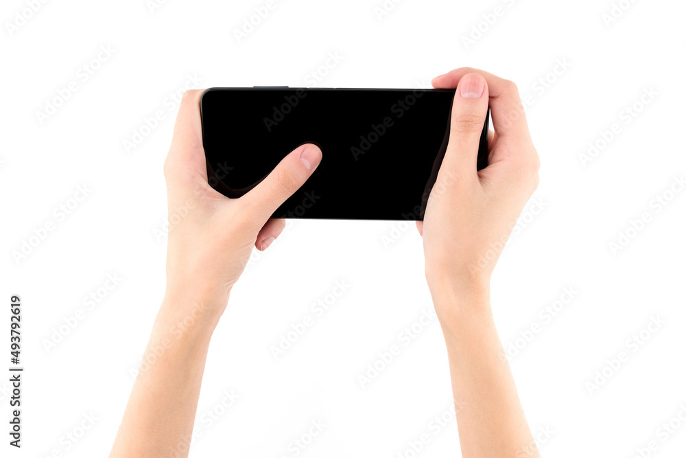 Woman hand holding black smartphone with blank screen isolated on white background. Woman hand holding black smartphone with blank screen isolated on white background.