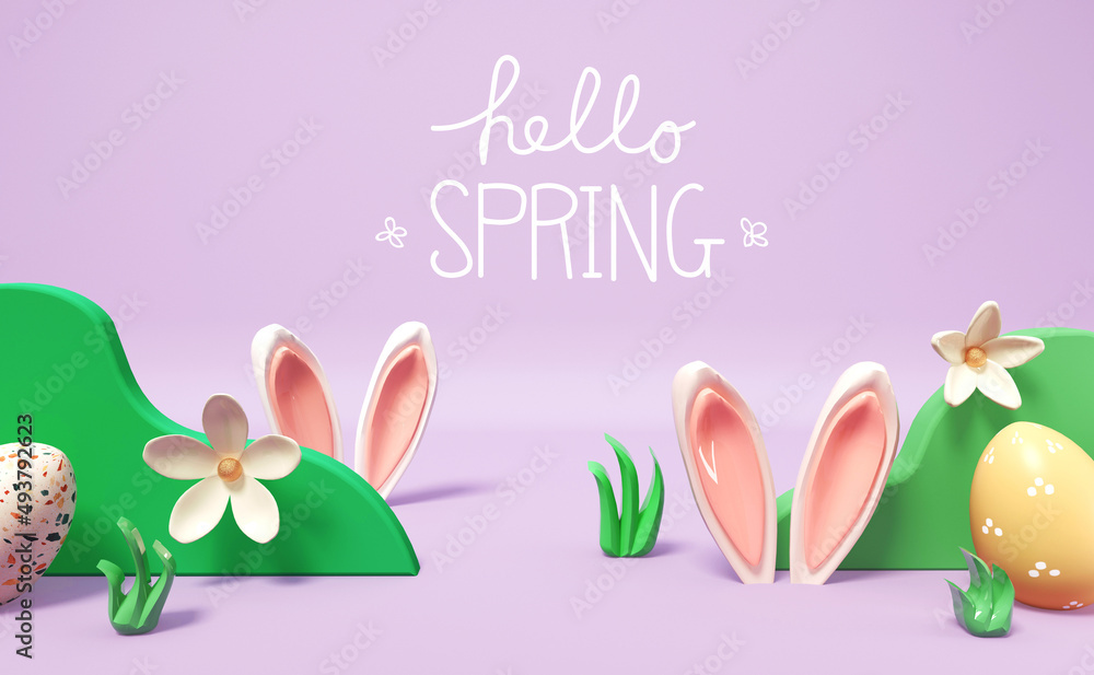Hello spring message with rabbit ears and Easter eggs Hello spring message with rabbit ears and Easter eggs