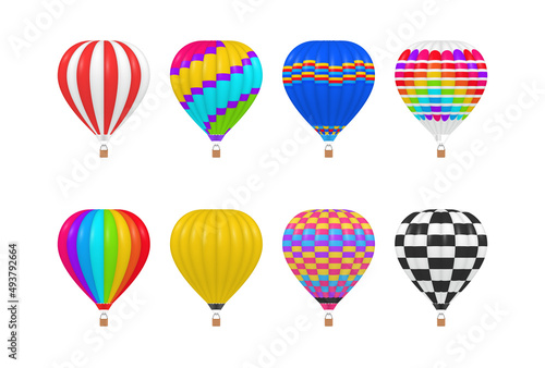 Collection multicolor hot air balloons realistic vector flying vintage striped checkered transport