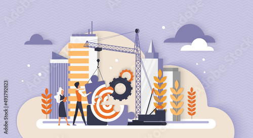 Team building process, brand expansion. Tiny business people build puzzle jigsaw with huge goal target, creative project construction site with tower crane and engineers flat vector illustration