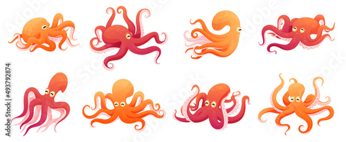 Collection funny childish octopus in different poses vector flat illustration
