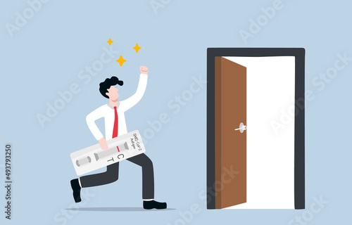 Covid-19 rapid antigen test kit verifying not detected, working at office without not infected Covid-19 concept. Joyful businessman carrying ATK kit with negative result and backing to office entry.