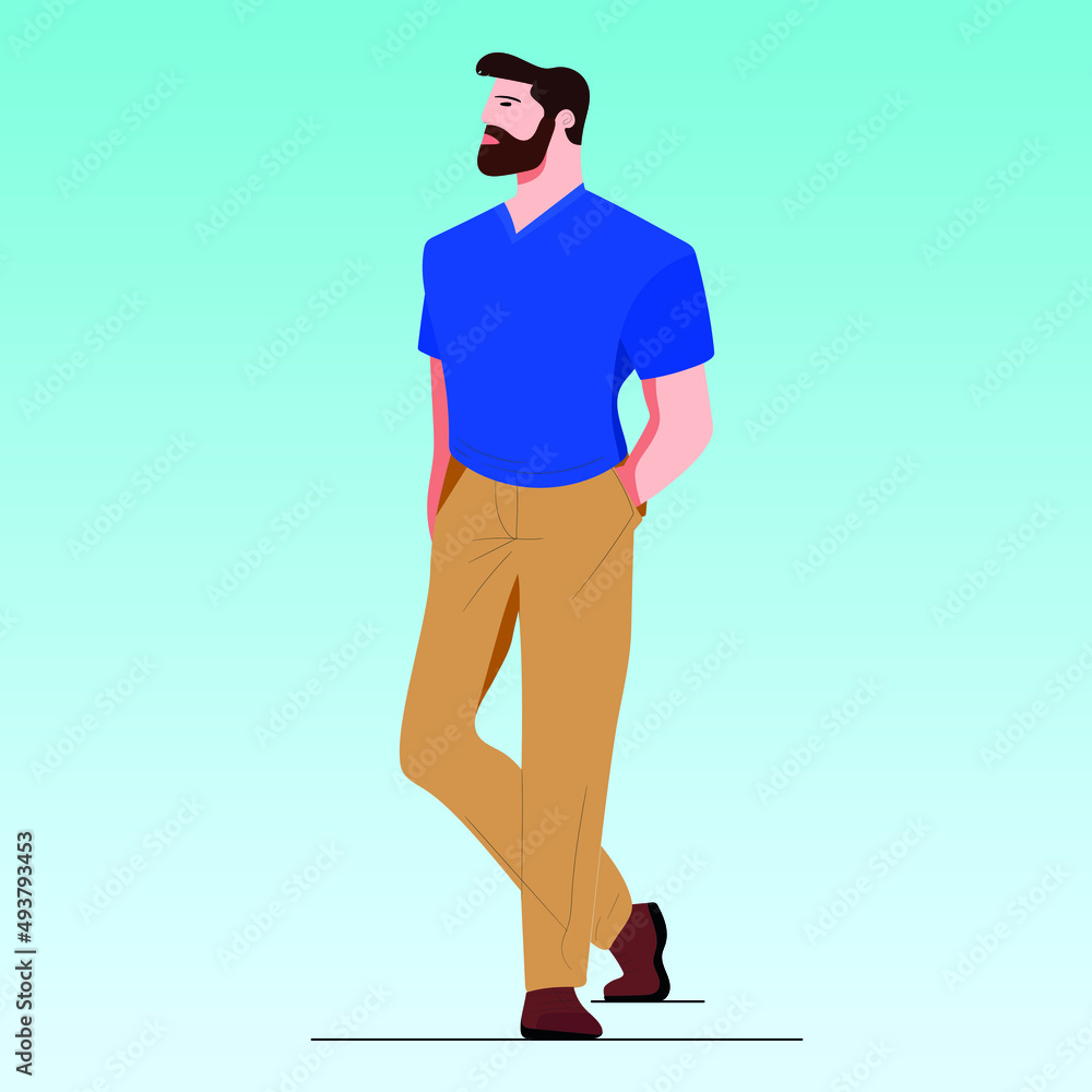 a man with a mustache and beard, in a blue shirt and beige trousers a man with a mustache and beard, in a blue shirt and beige trousers