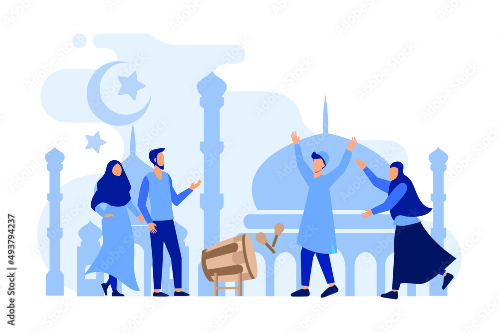 Vector Illustration of couple celebrating Eid Al Fitr, 
Business Concept, Ramadhan Concept, Ramadan Kareem, Flat Design