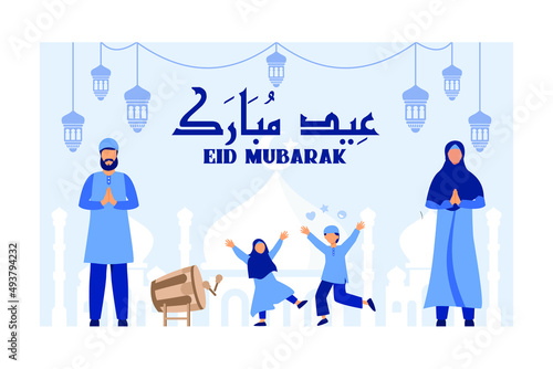 eid mubarak greeting happy moslem family vector illustration
