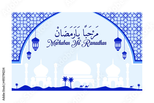 Beautiful backgrounds for Ramadan greetings and text of marhaban ya ramadhan means welcome to the ramadan month