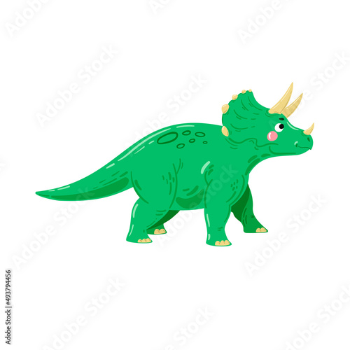 Green dinosaur, vector illustration. Vector triceratops, herbivore dinosaur isolated on white. Cartoon cute dinosaur, vector.  