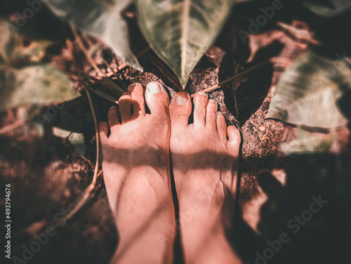 bare feet barefoot on ground with green leaves. grounding and earthing technique