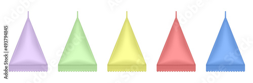 Tetrahedral packaging set. Triangular cardboard package for beverage, juice and milk. Liquid product carton package. Korean cosmetics box. Green, red, yellow, pink and blue packing.