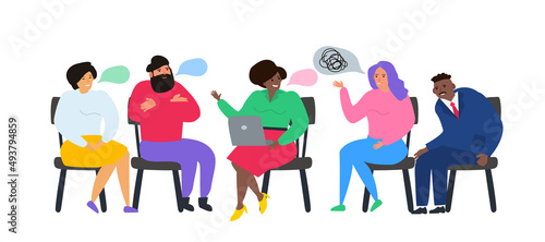 group therapy session people sitting and talking together with psychologist therapist mental health vector illustration