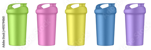 Set of multicolored sport cups or bottles for water. Protein shake drink. Green, pink, yellow, blue and purple travel cups. Thermo mug. Plastic shaker. Bicycle bottle