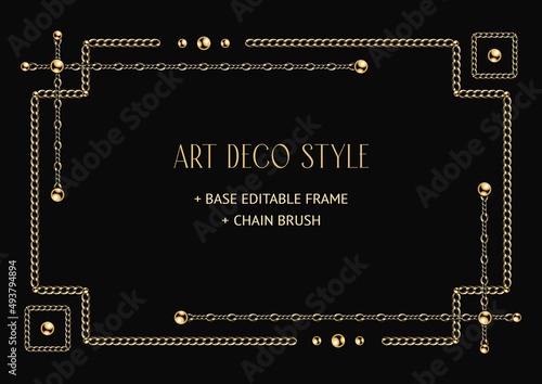 Art deco geometric frame made of golden chain and beads. Chain brush, base editable frame included. Vintage old antique elegant vector design with copy space.