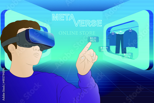Metaverse virtual reality shop. Young man wearing VR goggles while shopping clothes in the metaverse online store vector illustration concept.	