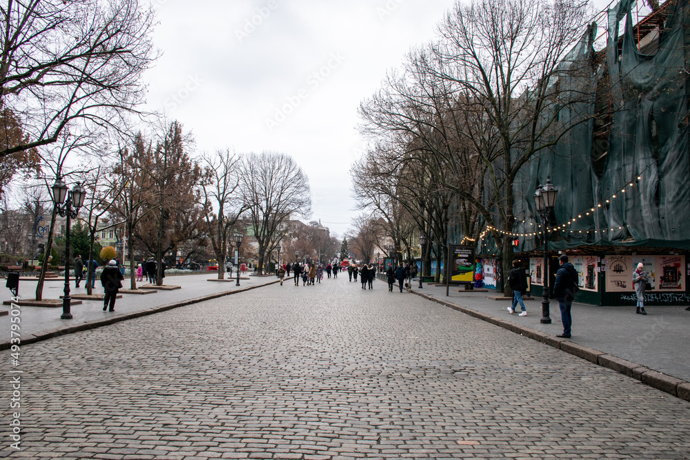 Odessa, Ukraine - December 19, 2020: pedestrian part of Deribasovskaya Street