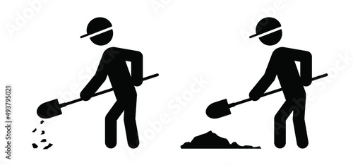 Garden scoop Stickman, stick figure man with scoop for digging. Vector icon or pictogram. Garden tools. Plant hand spade logo. 