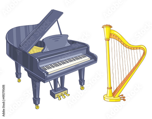 Musical instruments. Concert grand piano and harp in cartoon style. Isolated on white background. Vector illustration.