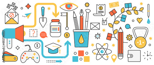 Creative business solutions and ideas. Abstract success strategy, education and project managers tools, goal achievement and megaphone announcement in infographic concept banner, thin line art design