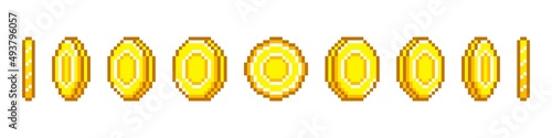 Pixel gold coins in animated motion. Yellow tokens for arcade and gambling 8bit games. Pixelated design for graphic vector interface