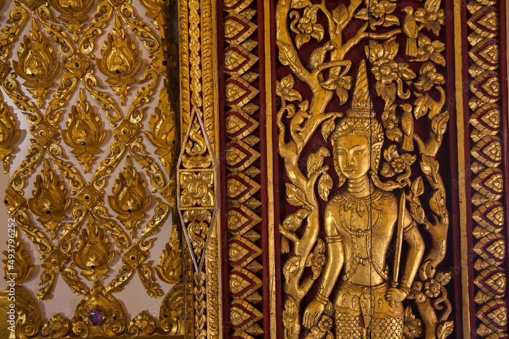 Traditional Thai Buddhism Art on the Temple Door