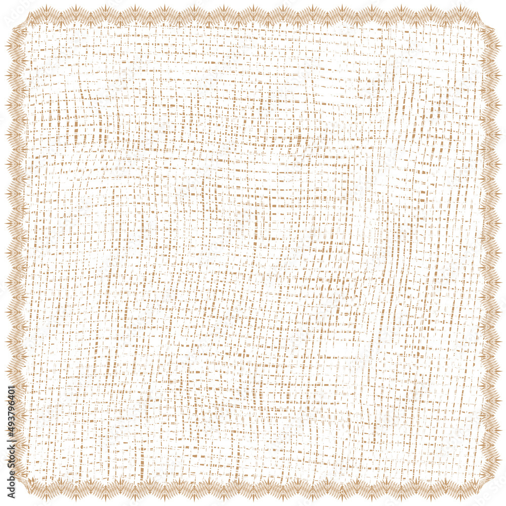 Fototapeta premium Square serviette, napkin, coverlet, rug, mat with grunge striped weave pattern and decorative wavy fringe in white, brown, beige colors isolated on white