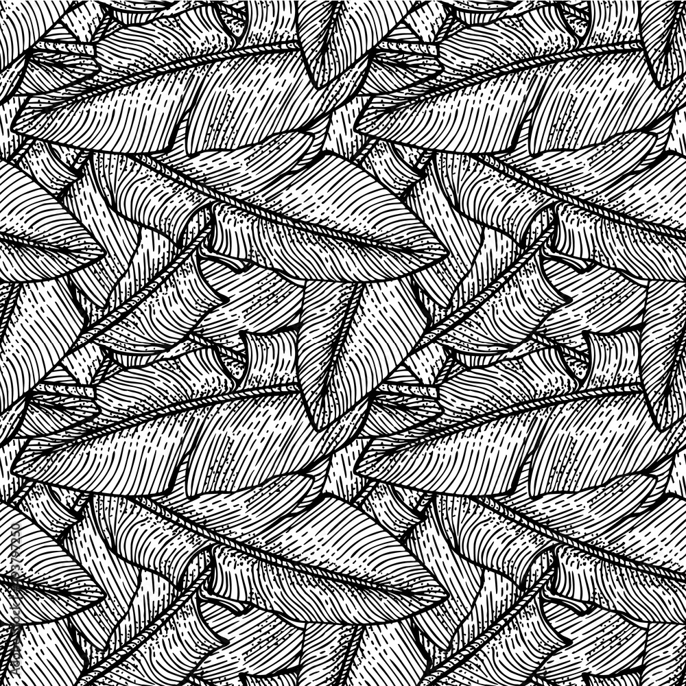 Banana leaves seamless pattern.Retro tropical branch in engraving style.