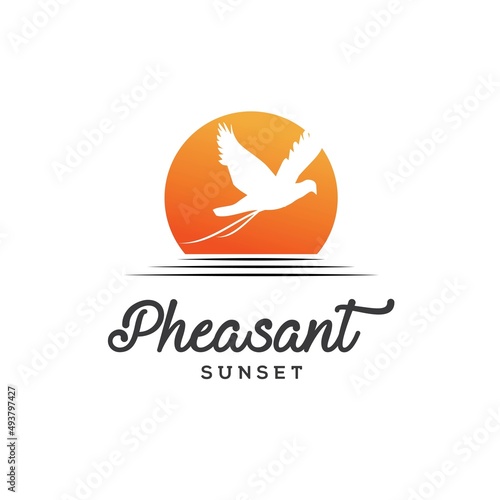 Beauty Flying Pheasant Bird Silhouette at Golden Moon Sun Creek River Lake logo design