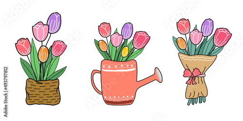 Tulip bouquet set. Colorful doodle style design for cards, springs, stickers, apparel patterns, fabric patterns, decorations, pillows, t-shirts, digital printing, kids, craft, postcards, etc.
