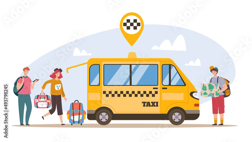 People travelers passengers waiting in line taxi cab minivan. Vector flat graphic design illustration