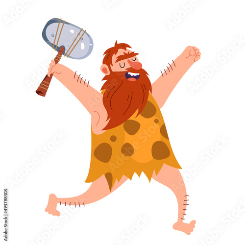 Happy smiling caveman running and hunting concept. Vector flat cartoon graphic design illustration