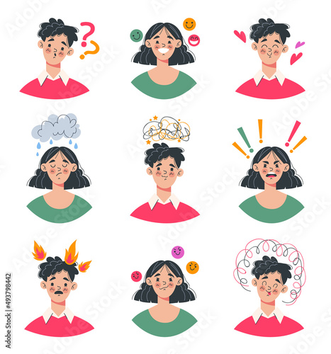 People boy girl with different emotions flat cartoon graphic design illustration set
