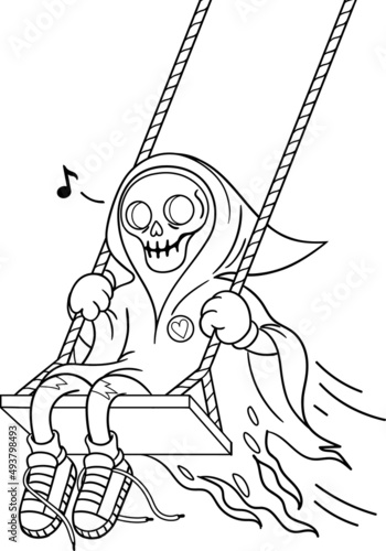 Cartoon grim reaper swinging on seesaw. Vector outline for coloring page