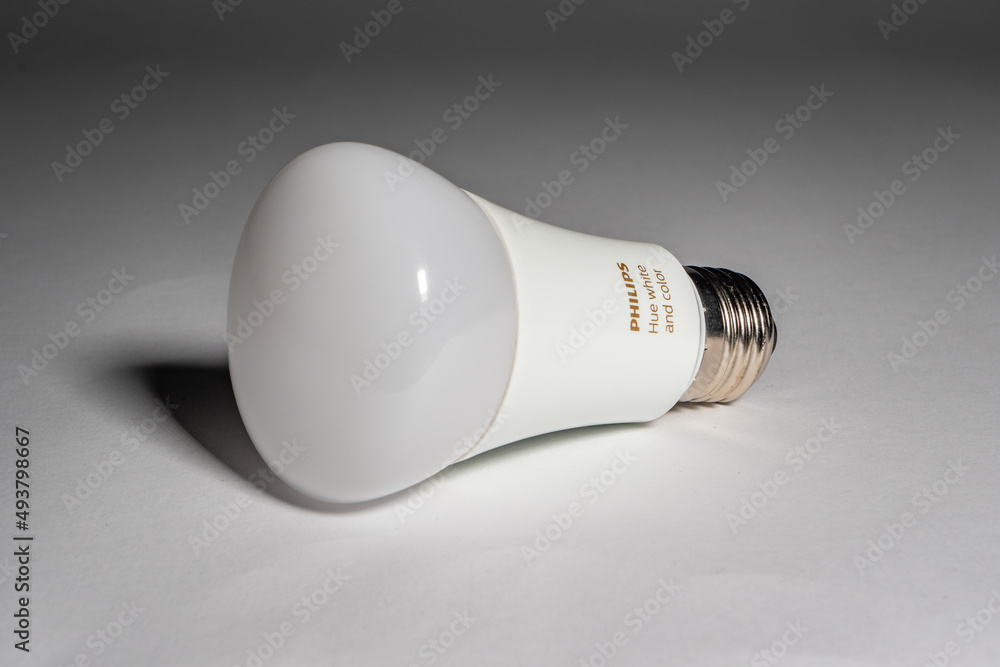 DRESDEN, GERMANY - 17. March 2022: Philips Hue white and color RGB home light bulb. LED