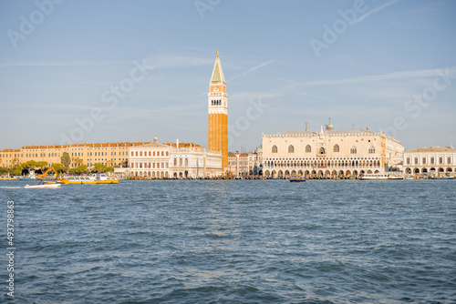 Landscape view from the sea on Saint Mark s basilica and bell tower in Venice. Autumn sunny day. Concept of famous italian landmarks and tourist attraction