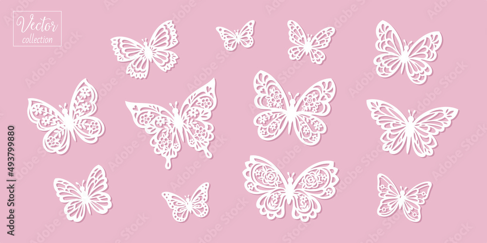 Collection of vector butterflies. Silhouettes of butterflies. Floral butterflies. Vector collection silhouette. Template for laser cut. Papercut template - obrazy, fototapety, plakaty 