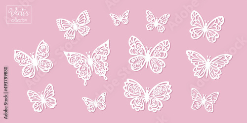 Collection of vector butterflies. Silhouettes of butterflies. Floral butterflies. Vector collection silhouette. Template for laser cut. Papercut template
