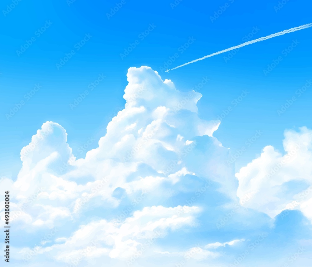 入道雲のある青空に飛行機雲の飛ぶ美しい夏のイメージフレーム背景素材 Stock Vector Adobe Stock