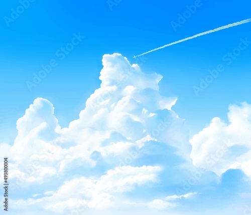 入道雲のある青空に飛行機雲の飛ぶ美しい夏のイメージフレーム背景素材