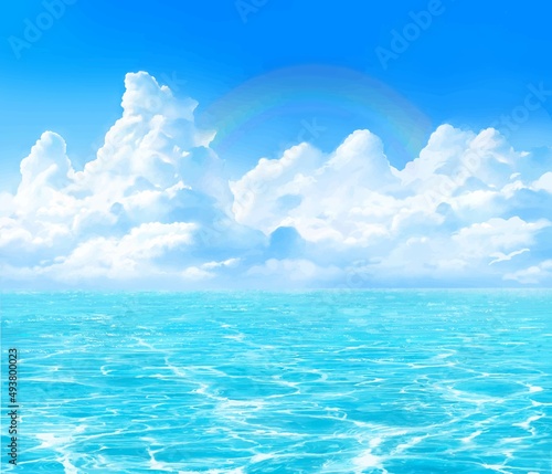 入道雲にうっすら虹のかかる青い空と海のゆらめく波の夏イメージの美しいフレームイラスト素材