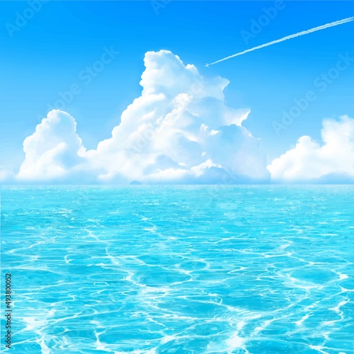飛行機雲の飛ぶ入道雲の青い空と海のゆらめく波の夏イメージの美しいフレームイラスト素材