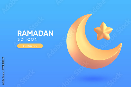 Golden moon and star for Ramadan ornamnet 3D render illustration photo